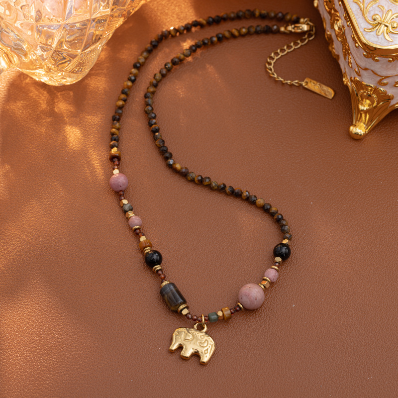 Bohemian style all encompassing natural stone bead handmade necklace, tiger eye stone, crystal, guardian elephant pendant - Image 4