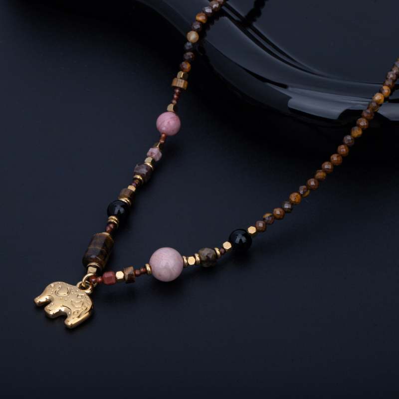 Bohemian style all encompassing natural stone bead handmade necklace, tiger eye stone, crystal, guardian elephant pendant - Image 5
