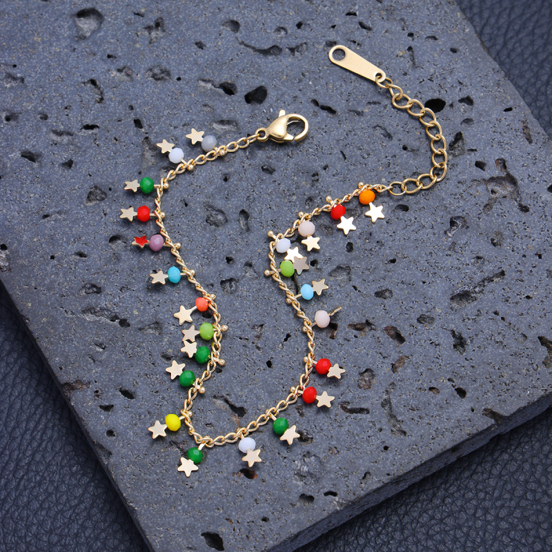 Five-pointed star tassel colored natural stone double-layer crystal bead bracelet - Image 6