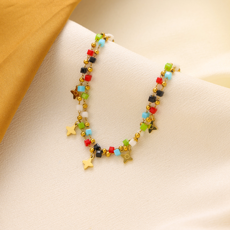 Double-layered colored natural stone square crystal cross star pendant bracelet, stainless steel electroplated 14K gold round bead chain - Image 4