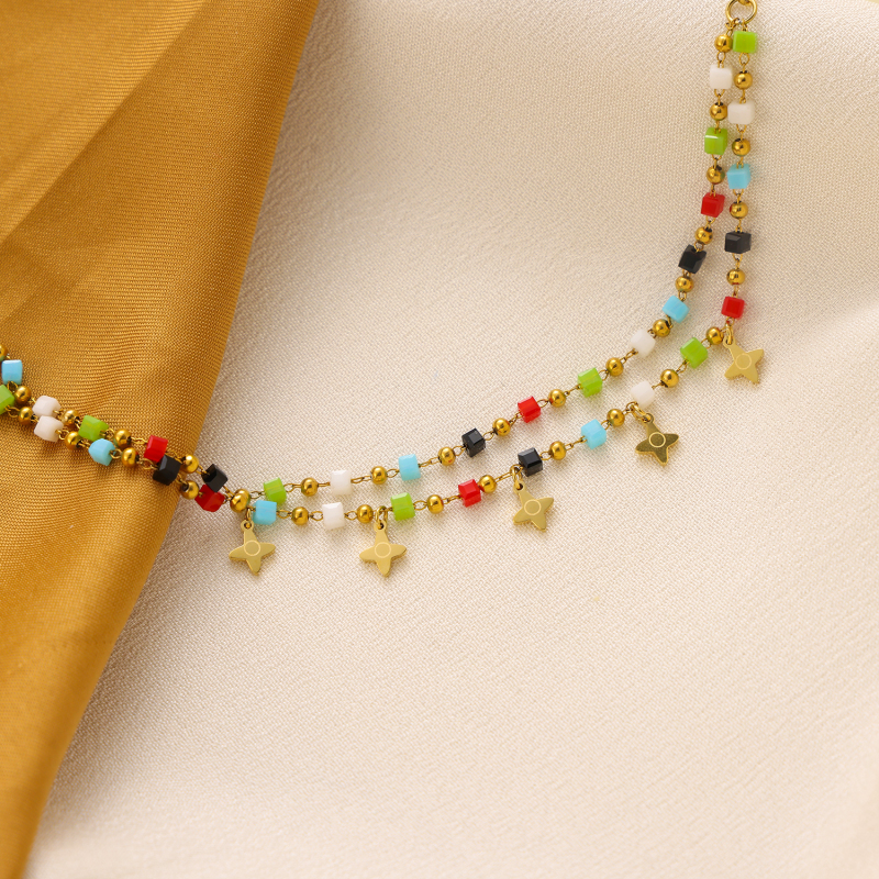 Double-layered colored natural stone square crystal cross star pendant bracelet, stainless steel electroplated 14K gold round bead chain - Image 3