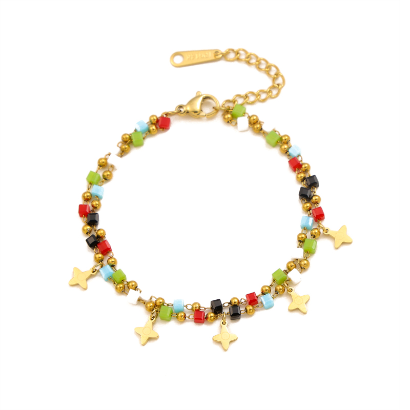 Double-layered colored natural stone square crystal cross star pendant bracelet, stainless steel electroplated 14K gold round bead chain - Image 8