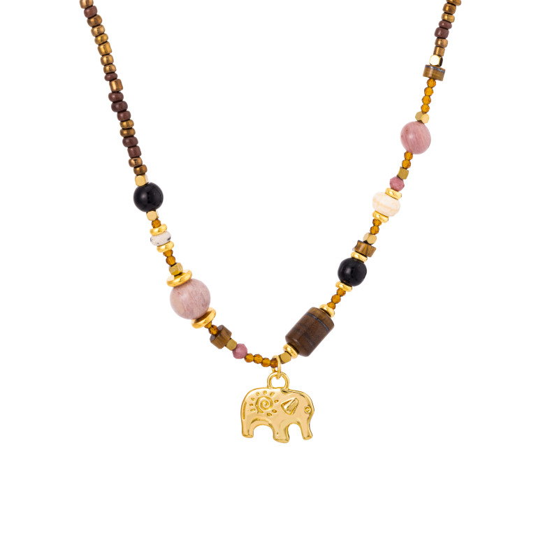 Bohemian style all encompassing natural stone bead handmade necklace, tiger eye stone, crystal, guardian elephant pendant - Image 7