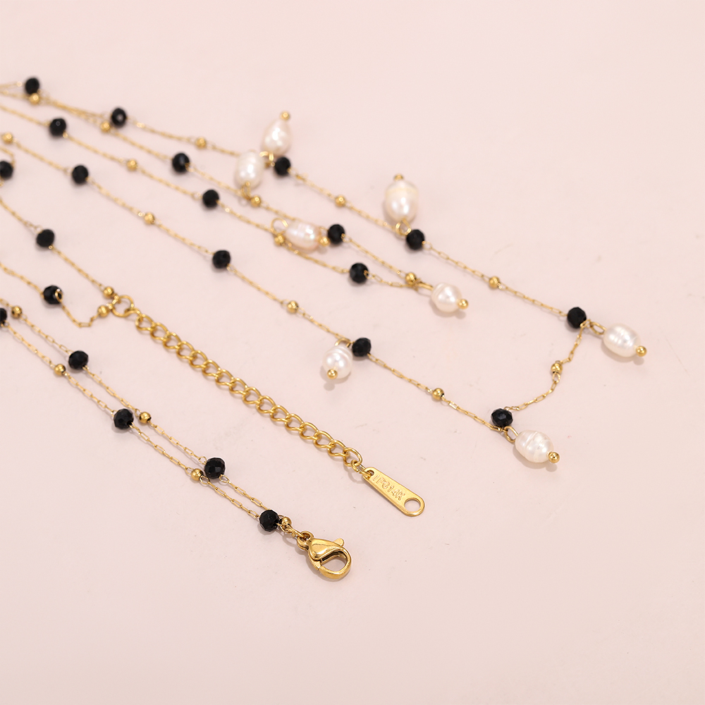 Natural freshwater pearl and black crystal double-layer necklace, vacuum-plated 14K gold stainless steel chain, handmade. - Image 5