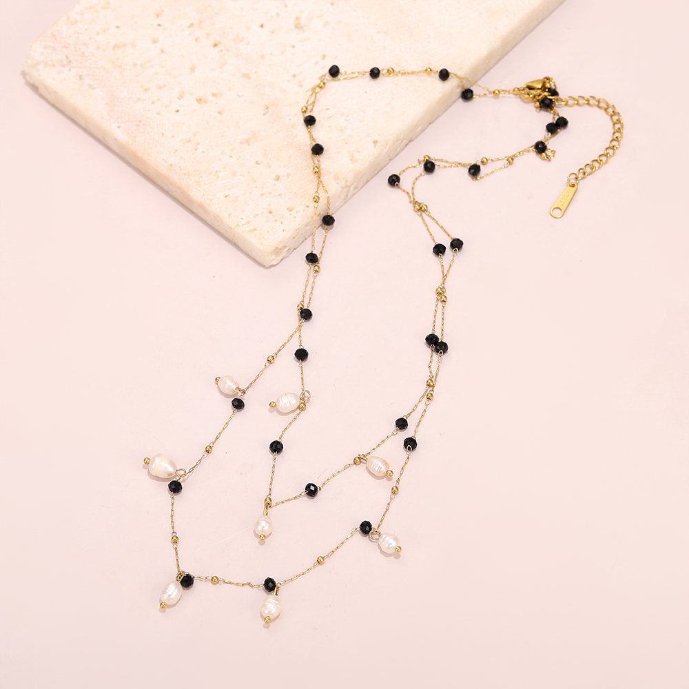 Natural freshwater pearl and black crystal double-layer necklace, vacuum-plated 14K gold stainless steel chain, handmade. - Image 3