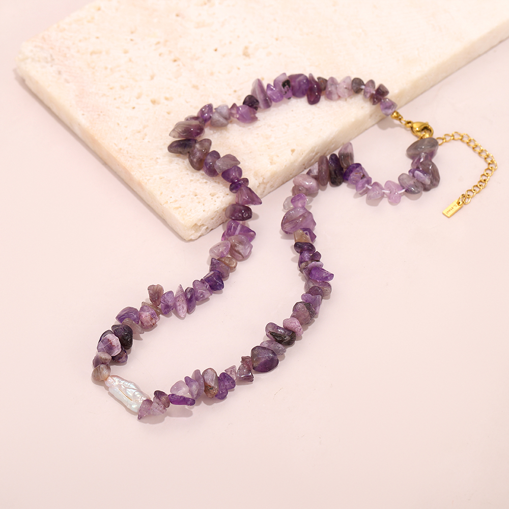 Handmade beaded amethyst necklace with natural baroque pearl pendant - Image 5