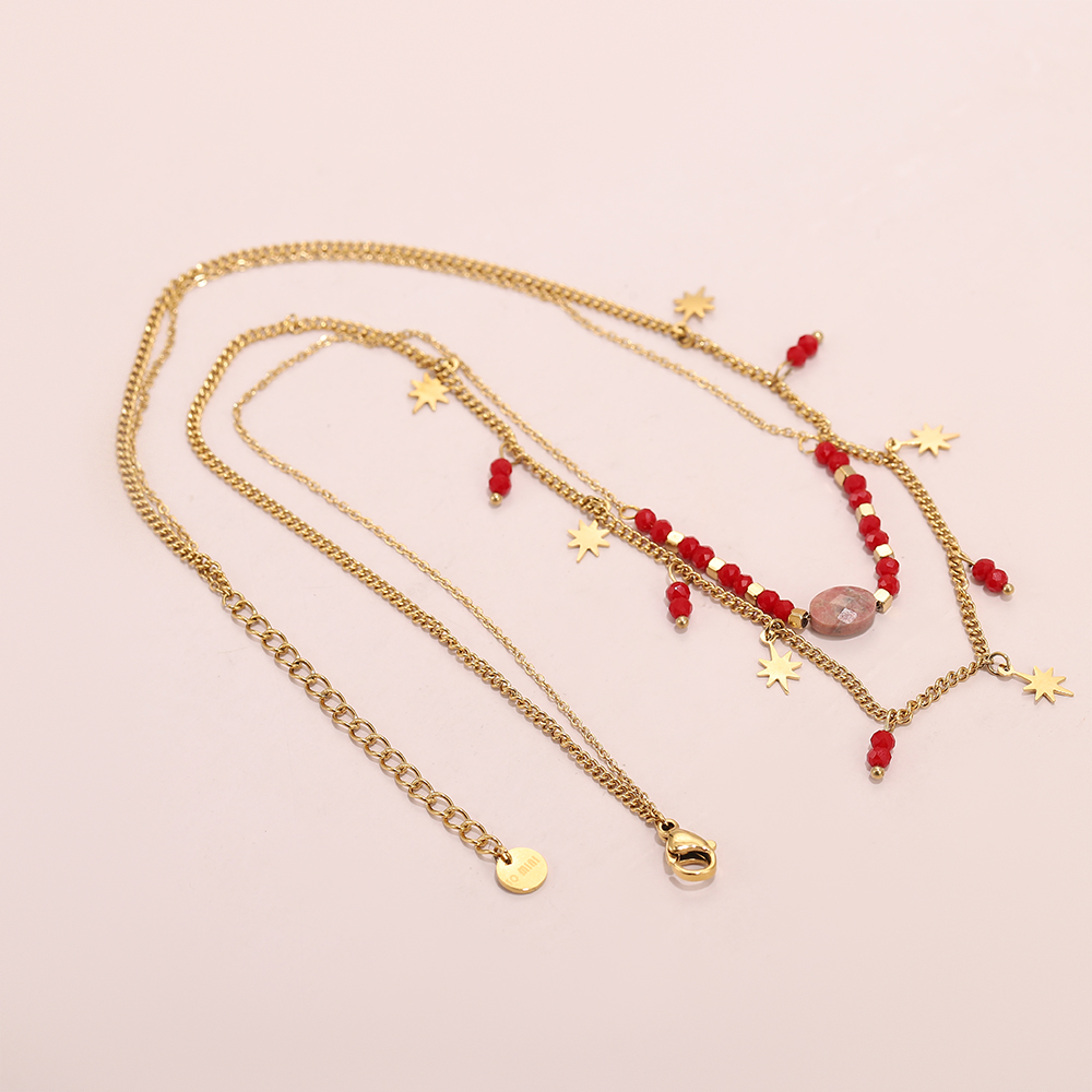 Bohemian-style double-layer handmade natural stone necklace, stainless steel 14K gold plated chain eight-pointed star necklace - Image 5