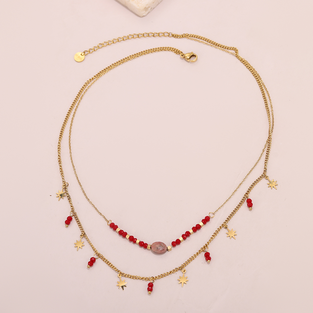 Bohemian-style double-layer handmade natural stone necklace, stainless steel 14K gold plated chain eight-pointed star necklace - Image 4