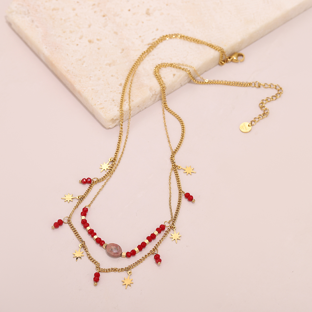 Bohemian-style double-layer handmade natural stone necklace, stainless steel 14K gold plated chain eight-pointed star necklace - Image 3