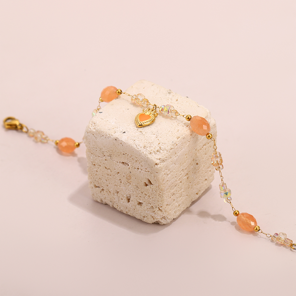 Sweet orange crystal natural stone heart pendant beaded bracelet - Image 7