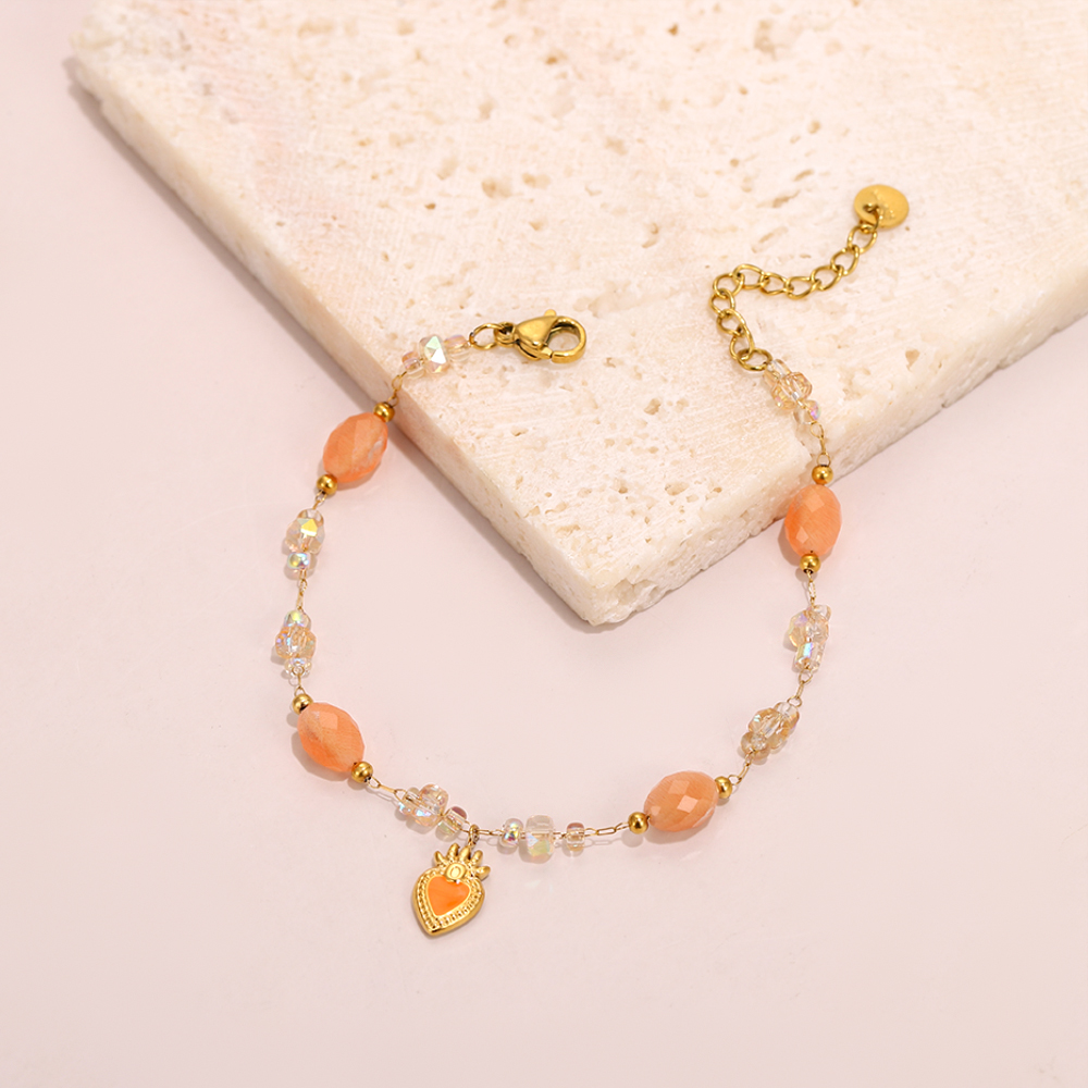 Sweet orange crystal natural stone heart pendant beaded bracelet - Image 8