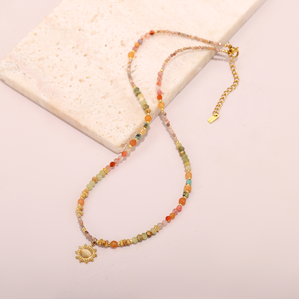 Bohemian style natural stone handmade beaded necklace, sun disc pendant necklace - Image 3