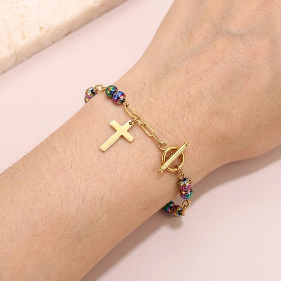 Uniquely designed OT buckle cross pendant beaded bracelet, natural stone beaded jewelry.