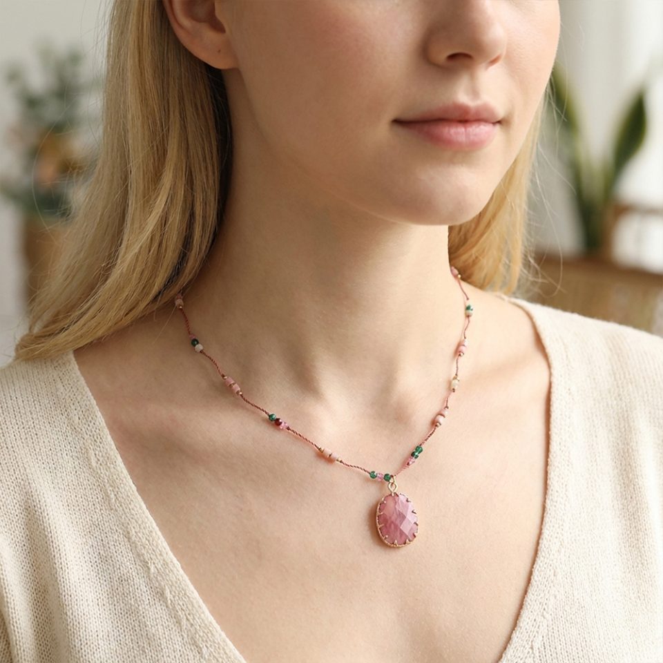 Bohemian Beaded Necklace, Natural Stone Pendant, Handmade Gold Cord Jewelry