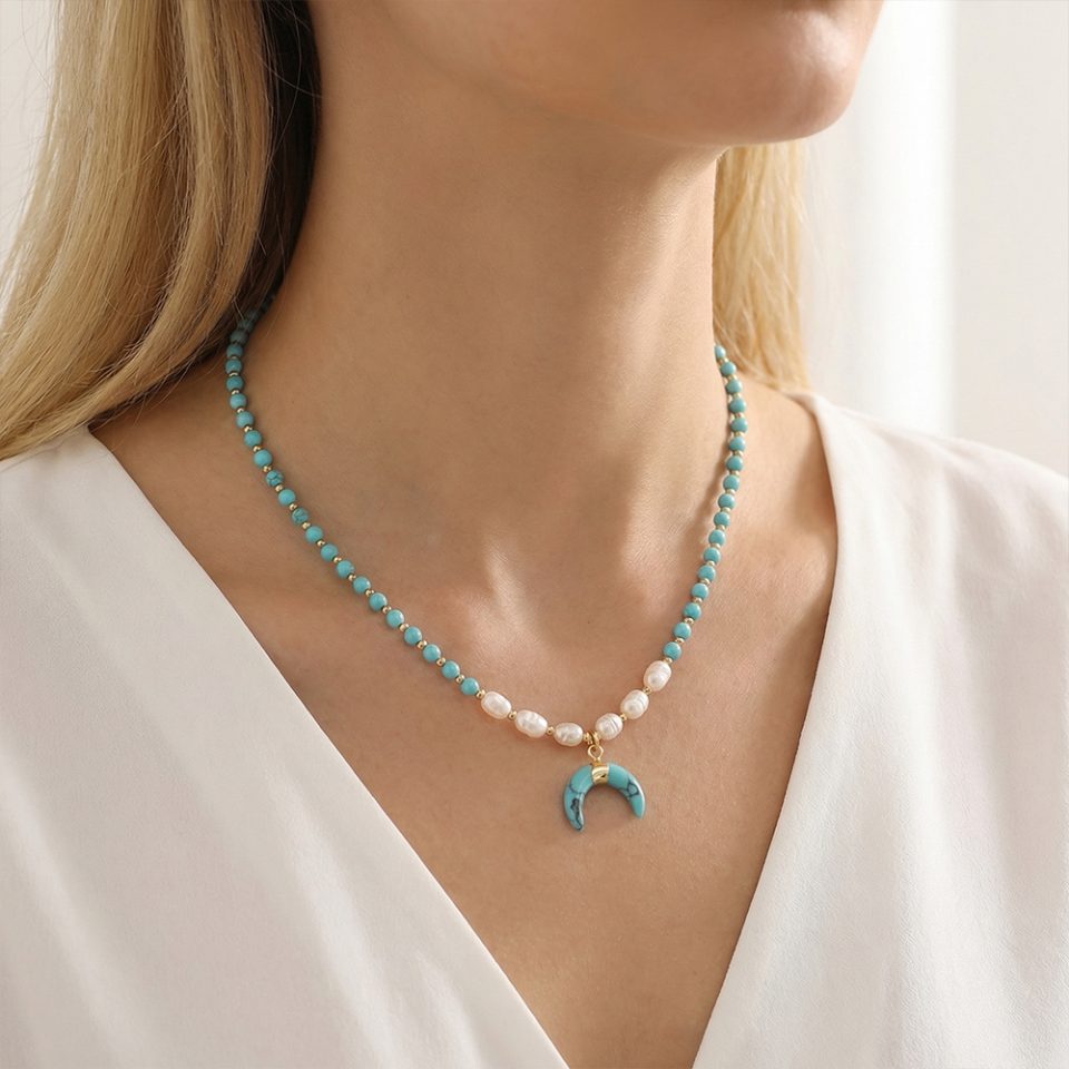 Turquoise and pearl necklace, stainless steel round beads plated with 14% gold spacer chain, turquoise horn pendant necklace
