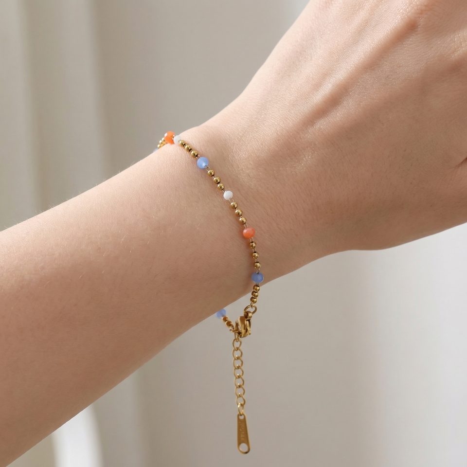 Colorful beaded stainless steel bracelet with 14K gold plating, natural stone bracelet