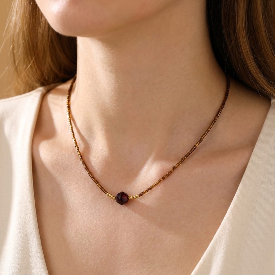 Seed bead necklace, faceted natural stone pendant necklace