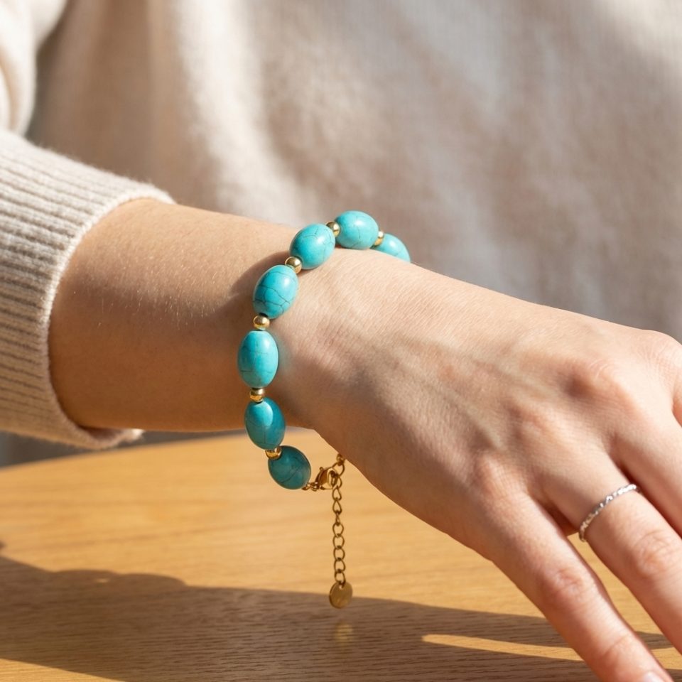 Bohemian style natural turquoise and gold bead bracelet