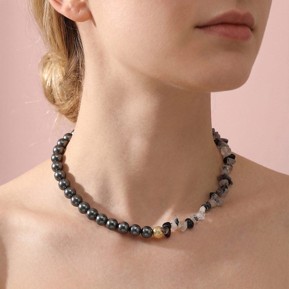 Minimalist modern design handmade beaded necklace, crystal stone black rutilated quartz pendant beadsMinimalist modern design handmade beaded necklace, crystal stone black rutilated quartz pendant beads