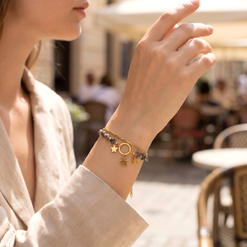 Star pendant bead double layered gold bracelet