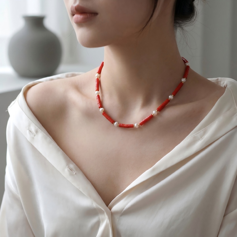 Handcrafted Red Natural Stone Pearl Choker Necklace