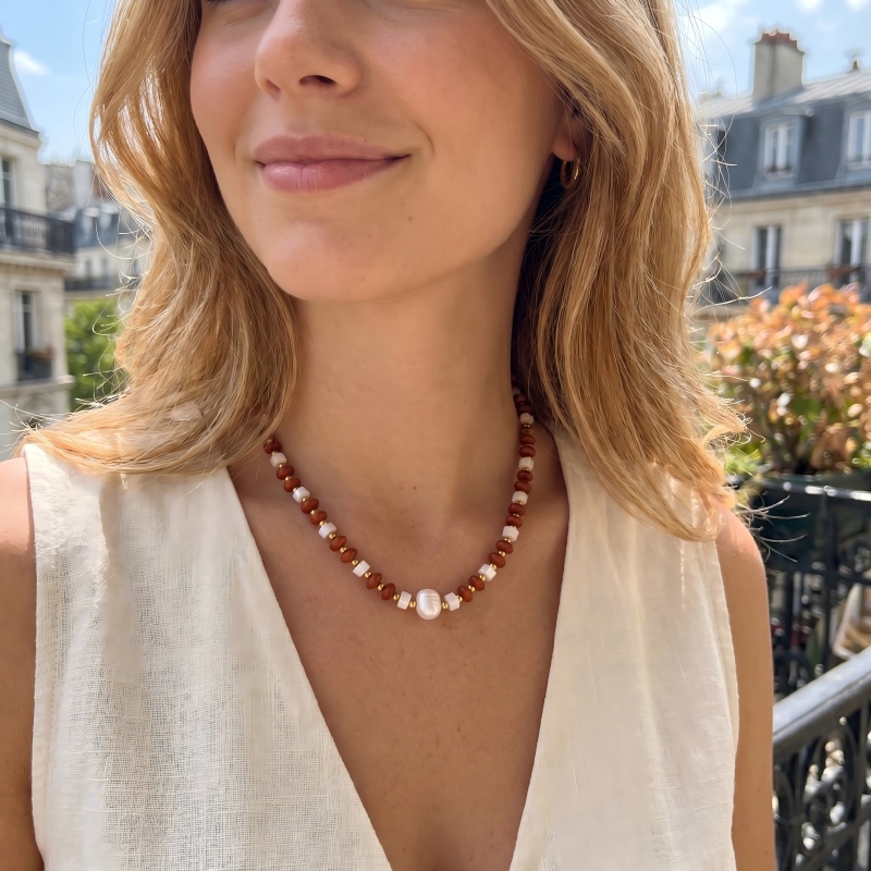 Handmade retro contrasting bead pearl collarbone necklace