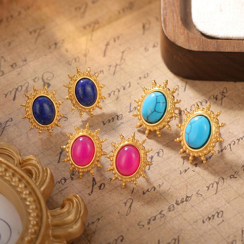 Sunburst Gemstone Stud Earrings, 18K Gold Plated Vintage Statement Earrings, Boho Western Jewelry, natural stone Earrings, Gift for Her