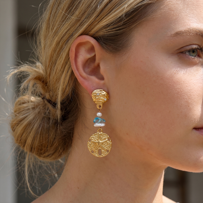 Ocean Starfish Pearl Drop Earrings, 18K Gold Plated Textured Stud Earrings, Boho Beach  Jewelry, Natural Freshwater Pearl & Blue Earrings,