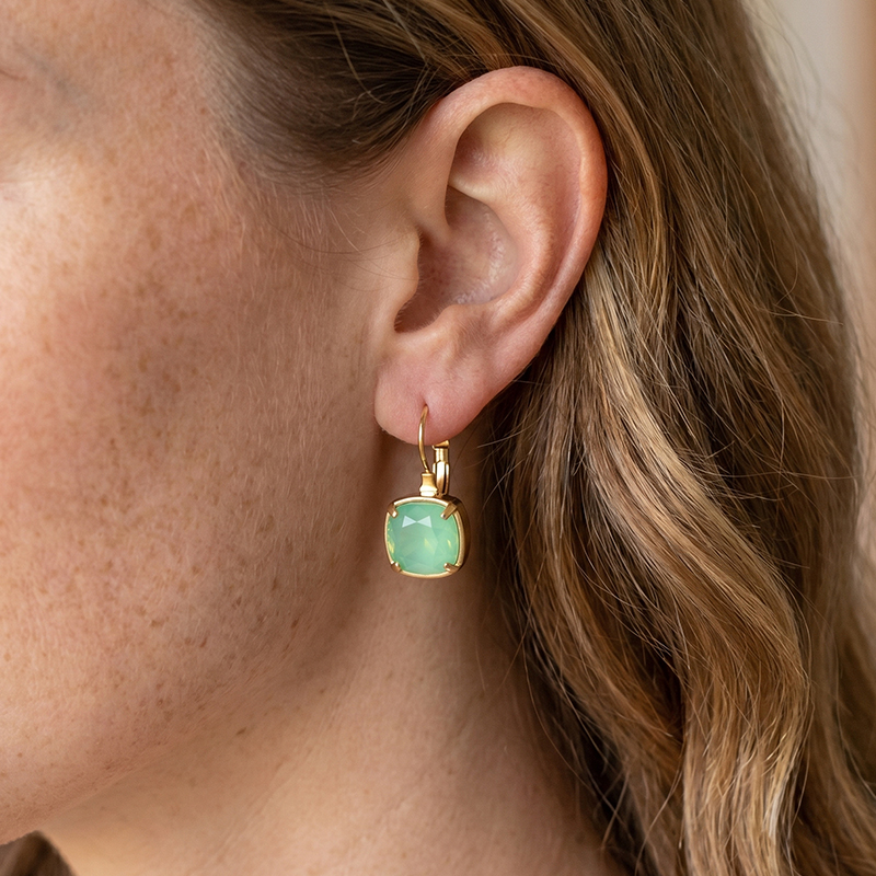 Chrysoprase Green Cushion Cut Drop Earrings, 18K Gold Plated Leverback Earrings, Dainty Mint Green Gemstone Statement Jewelry