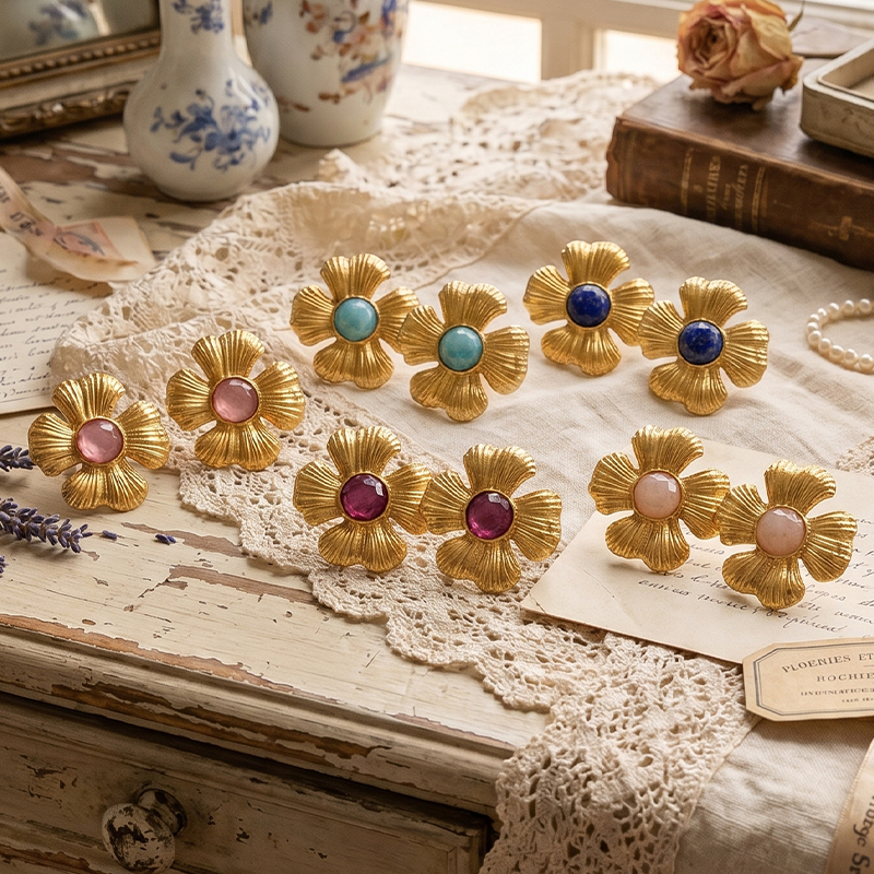 18K Gold Plated Flower Stud Earrings, Natural Gemstone (Rose Quartz/Amazonite/Ruby/Lapis Lazuli/Sunstone) Earrings, Vintage Boho Jewelry