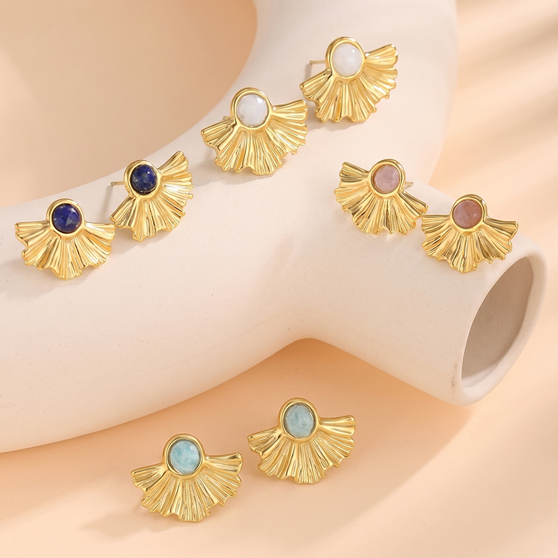 18K Gold Plated Fan-Shaped Stud Earrings, Natural Gemstone (Rose Quartz/Amazonite/Lapis Lazuli/Moonstone) Earrings,  Boho Statement Jewelry