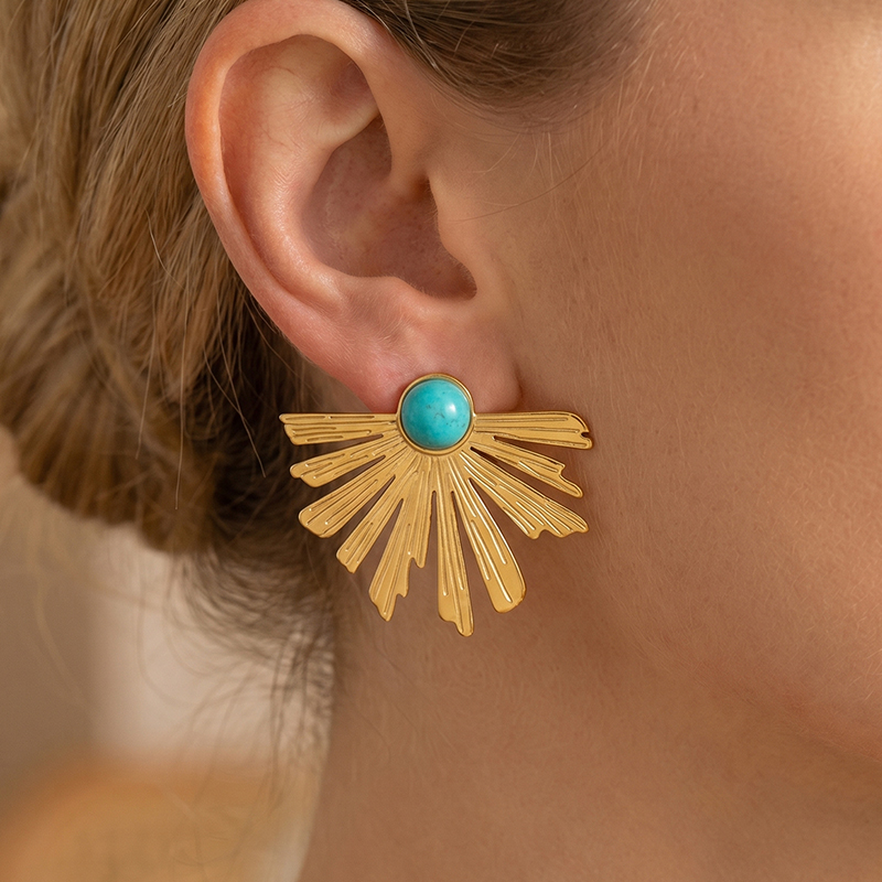 Turquoise Sunburst Statement Earrings, 18K Gold Plated Abstract Fan Earrings, Boho Art Drop Earrings, Hypoallergenic Jewelry Gift for Her