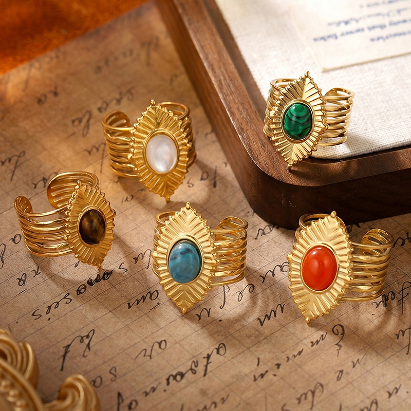 Bohemian Leaf Gemstone Open Ring 18K Gold Plated Ring Natura Stone (Tiger's Eye Malachite Carnelian)  Vintage Stackable Jewelry Gift for Her