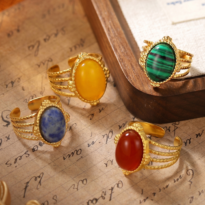 Vintage Natural Gemstone Open Ring | Adjustable 18K Gold Plated  Ring | Lapis Lazuli / Carnelian / Malachite / Amber Inspired Stone Gift