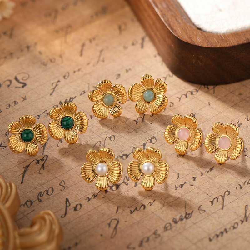 Vintage flower stud earrings, 18K gold-plated gemstone earrings, Bohemian floral jewelry, natural stone daily earring, steel earrings