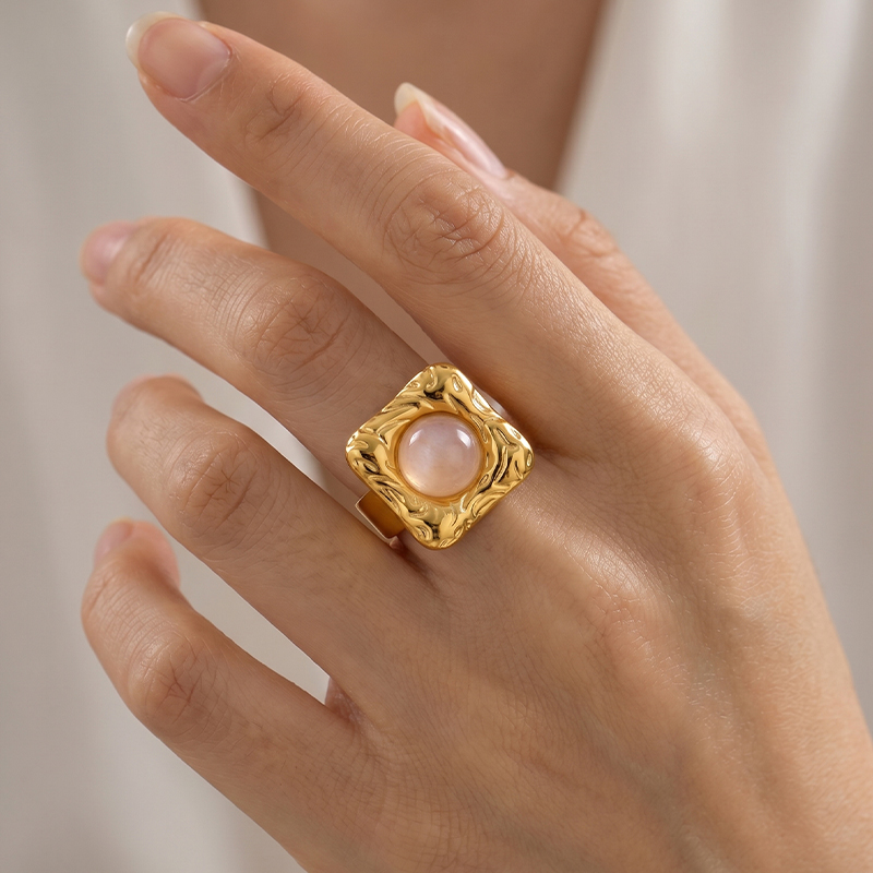 Moonstone Hammered Square Statement Ring, 18K Gold Plated Chunky Dome Ring, Boho Art Deco Natural Gemstone Jewelry, Gift for Her