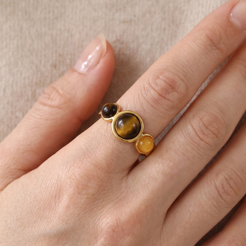 Tiger's Eye Triple Stone Open Ring, 18K Gold Plated Adjustable Statement Ring, Boho Western Stacking Ring, Hypoallergenic Gemstone Jewelry