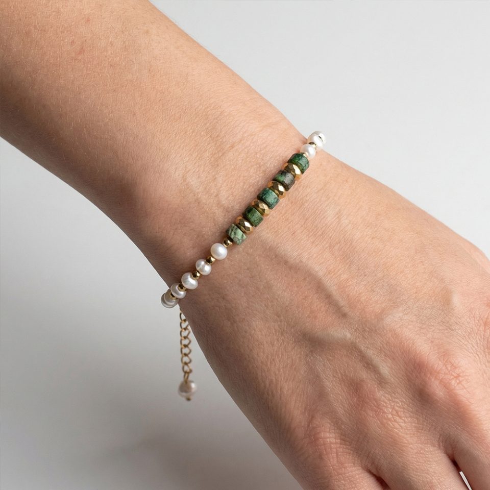 Freshwater Pearl & African Green Stone Bracelet, 14K Gold Plated Adjustable Dainty Jewelry, Hypoallergenic Earthy Tone Layering Bracelet,