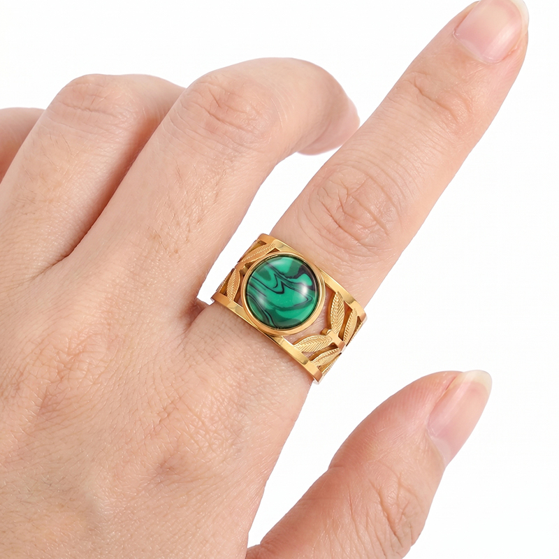 Malachite Crystal Healing Ring | 18K Gold Plated Adjustable Leaf Ring | Protection & Abundance Statement Ring | Spiritual Boho Jewelry Gift