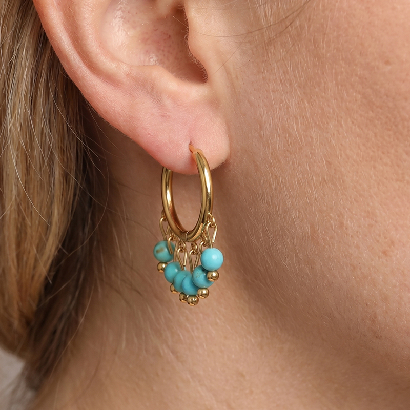 Turquoise Beaded Hoop Earrings, 18KGold Plated Dangle Hoop Earrings, Boho Tassel Drop Earrings, Hypoallergenic Everyday Jewelry Gift for Her