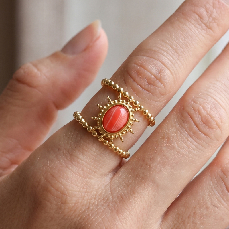 Red Agate Sunburst Double Band Open Ring, 18K Gold Plated Adjustable Statement Ring, Boho Natural Stone Stacking Ring, Hypoallergenic