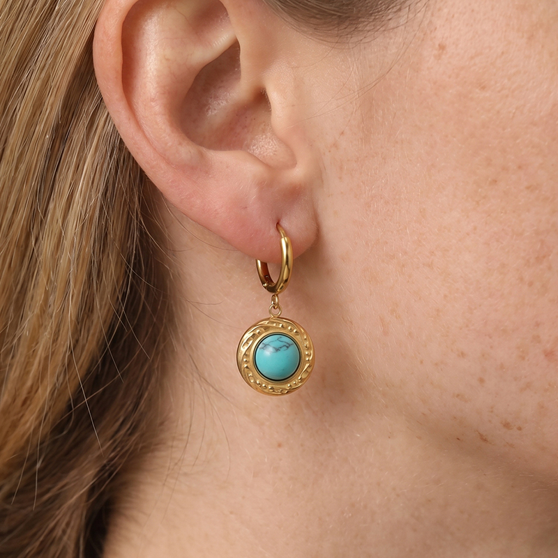 Turquoise Earrings, 18K Gold Plated Dangle Earrings, Bohemian Western Style, Vintage Textured Turquoise Drop Earrings, Hypoallergenic
