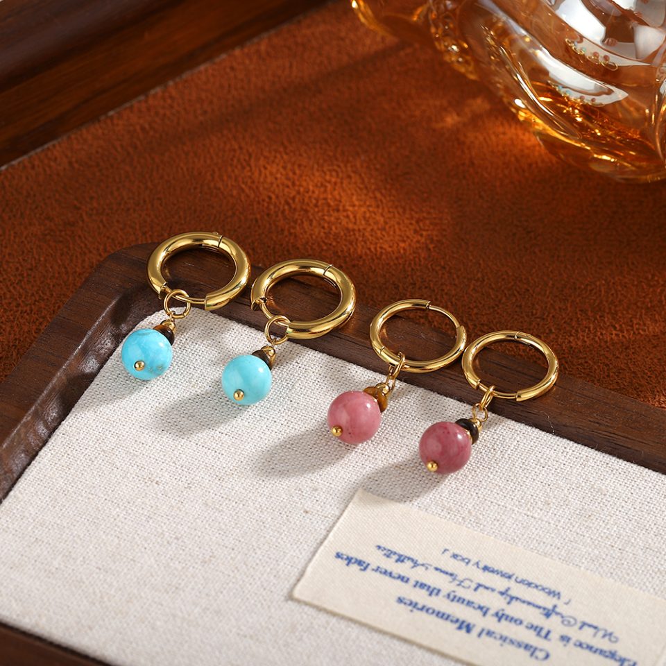 Turquoise & Tiger Eye Gold Huggie Earrings, Boho Natural Stone Hoops, Waterproof Stainless Steel Earrings, Bohemian Jewelry Gift for Her